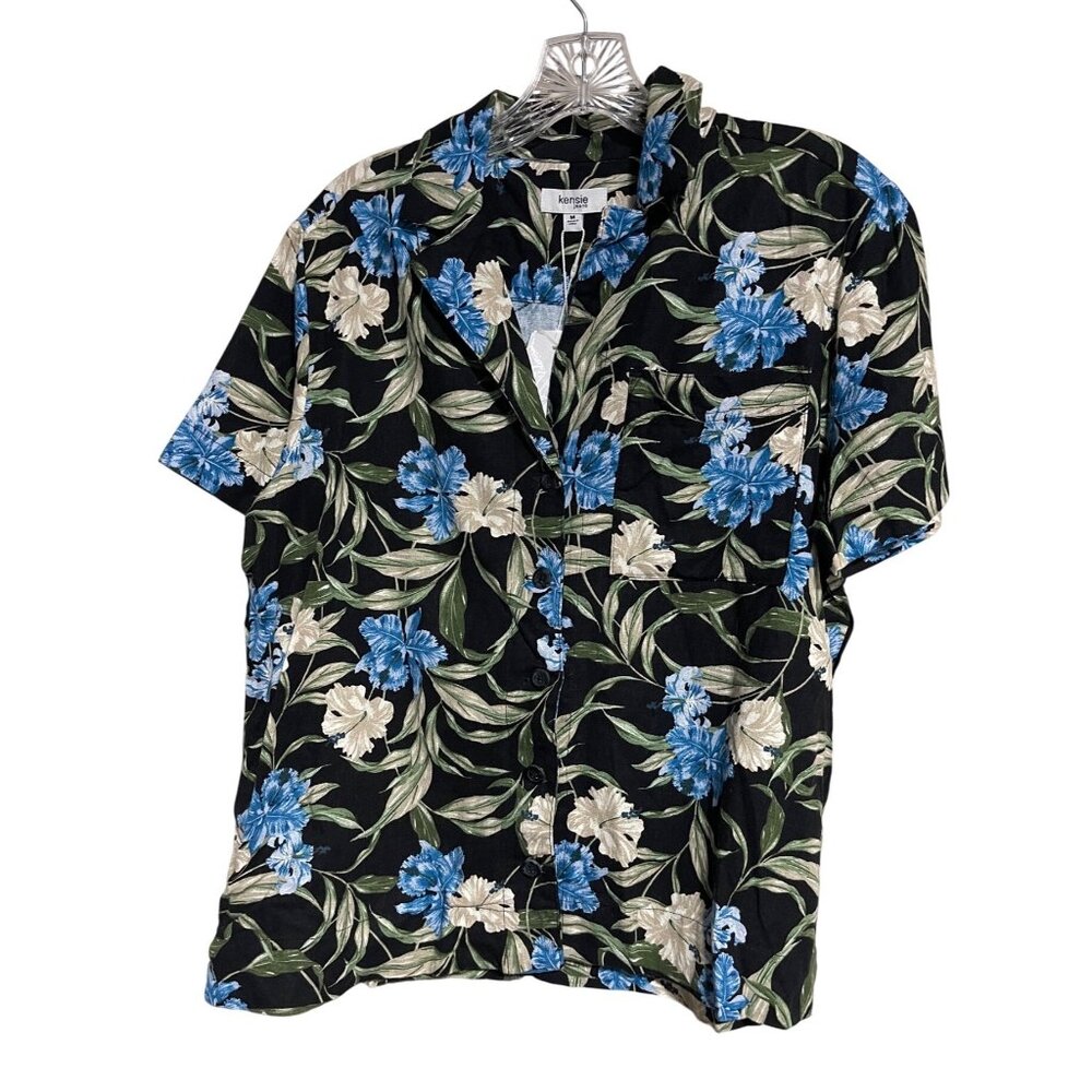 Kensie Jeans Womens Floral Button-Down Camp Shirt M Black/Blue Linen Blend